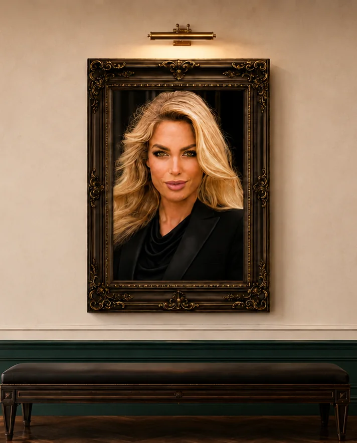 Shelby Korpi’s portrait in a carved dark frame under a brass picture light, hung on a gallery wall above a leather bench.