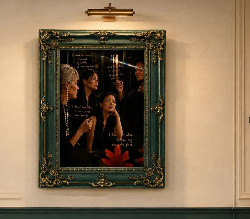 A mirror in an ornate green-and-gold frame under a brass picture light, on an ivory wall above a green wainscot. Four women are reflected in it, writing on the glass in rose.